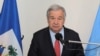 Sekrete Jeneral Nasyonzini Antonio Guterres pale pandan yon konferans pou lapres nan salon diplomatik ayeropo entenaysonal Toussaint Louverture la nan Potoprens, Ayiti, 1 Jiye, 2023. 