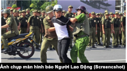 Lực lượng an ninh cơ sở diễn tập trấn áp hành vi gây rối trật tự công cộng trong buổi lễ ra mắt lực lượng hôm 1/7 năm 2024 trước cửa chợ Bến Thành