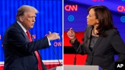 Foto Achiv: Kandida Repibliken ansyen Prezidan Donald Trump ak kandida Demokrat, Vis Prezidan Kamala Harris. 