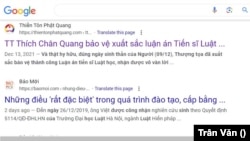 Ảnh chụp lời giới thiệu bài “TT Thích Chân Quang bảo vệ xuất sắc luận án tiến sĩ luật học” còn sót lại trên Google.