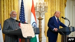 Thủ tướng Ấn Độ Narendra Modi và Tổng thống Hoa Kỳ Donald Trump, phát biểu tại Nhà Trắng, ngày 13/2/2025. 