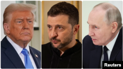 Ảnh phối hợp: Tổng thống Mỹ Donald Trump, trái, Tổng thống Ukraine Volodimir Zelenskyy, giữa, và Tổng thống Nga Vladimir Putin.