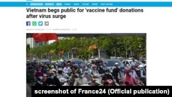 Báo Pháp France24 đăng tin rằng chính phủ Việt Nam "xin" công chúng đóng góp tiền cho quỹ vắc-xin COVID-19, 8/6/2021. Hình minh họa.