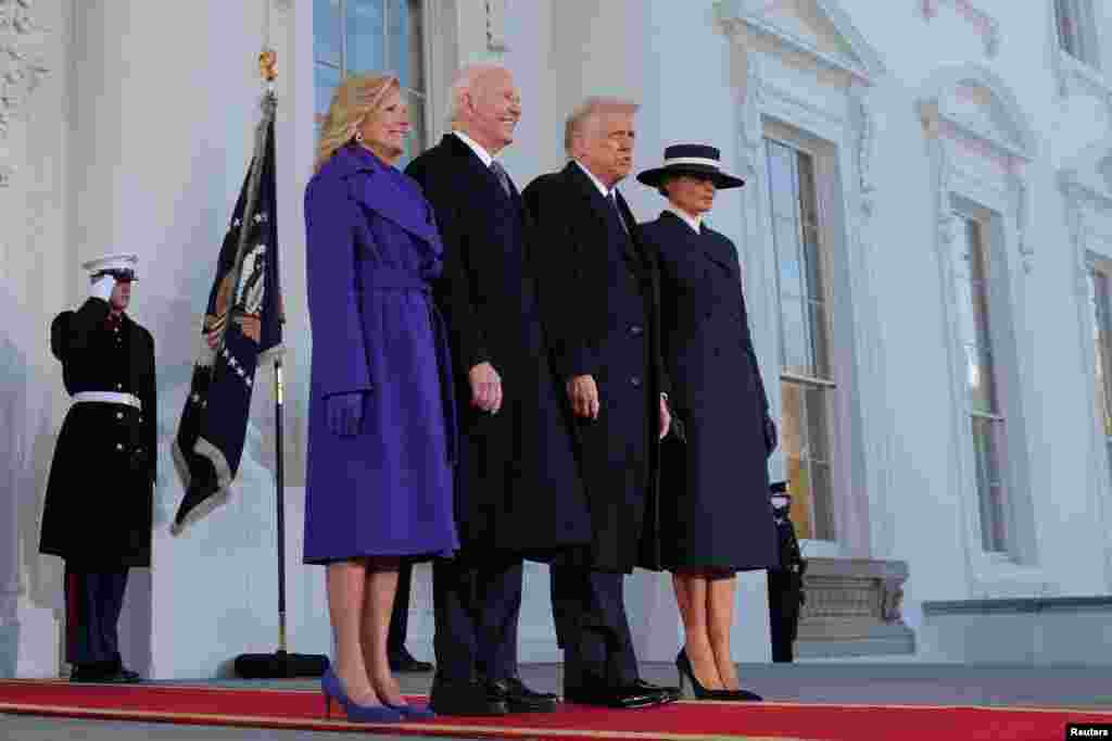 Tổng thống &nbsp;Hoa Kỳ Joe Biden và Đệ nhất Phu nhân Jill Biden chào đón người kế nhiệm, Tổng thống đắc cử Donald Trump và phu phân Melania Trump tại Nhà Trắng, ngày 20/1/2025. &nbsp;