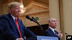 Tổng thống Mỹ Donald Trump và Tổng thống Nga Vladimir Putin tại cuộc họp báo chung ở Phần Lan ngày 16/7/18.