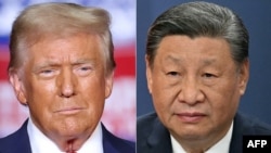 (FILES) (COMBO) This combination of pictures created on November 07, 2024 shows former US President and Republican presidential candidate Donald Trump (L) in Pittsburgh, Pennsylvania on November 4, 2024, and Chinese President Xi Jinping (R) at a press con