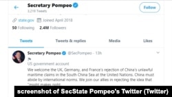 Bài đăng trên Twitter hôm 21/9 của Ngoại trưởng Mỹ Pompeo về Biển Đông