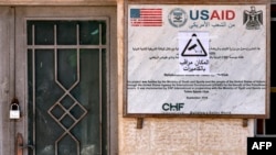 This view shows the closed door of the USAID-funded project to rehabilitate the Tubas Sports Club in Tubas in the north of the occupied West Bank on February 4, 2025.