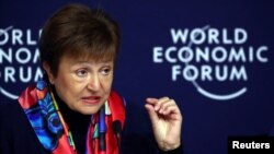 Bà Kristalina Georgieva, giám đốc điều hành Quỹ Tiền tệ Quốc tế (IMF) trong cuộc họp báo của Diễn đàn Kinh tế Thế giới tại Davos, Thụy Sĩ ngày 20/1/2020.