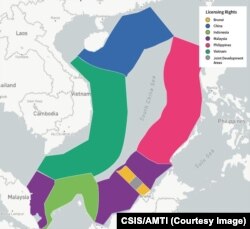 Bản đồ của CSIS cho thấy các khu vực cần có giấy phép khai thác dầu khí trên Biển Đông.