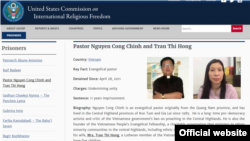 USCIRF website giới thiệu hồ sơ Mục sư Nguyễn Công Chính và bà Trần Thị Hồng