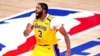 Oct 6, 2020; Miami, Florida, USA; Los Angeles Lakers forward Anthony Davis (3) celebrates after making a three pointer during the fourth quarter against the Miami Heat in game 4 of the 2020 NBA Finals at AdventHealth Arena. Mandatory Credit: Kim Klement-U