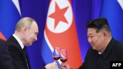 TOPSHOT - In this pool photograph distributed by the Russian state agency Sputnik, Russian President Vladimir Putin and North Korean leader Kim Jong Un toast during a reception at the Mongnangwan Reception House in Pyongyang on June 19, 2024.