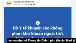 Bộ Y tế Việt Nam khuyến cáo các tỉnh, thành không phun khử khuẩn ngoài trời, 2/8/2021.