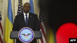 FILE - US Secretary of Defense Lloyd Austin speaks at a press briefing following his meeting with Ukrainian President and Ukrainian officials, in Kyiv, on Oct. 21, 2024. Ukraine. 