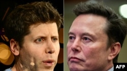 (FILES) (COMBO) This combination of pictures created on December 27, 2024 shows Sam Altman, CEO of OpenAI, speaking during The Wall Street Journal's WSJ Tech Live Conference in Laguna Beach, California on October 17, 2023 and Elon Musk listening as US Pre