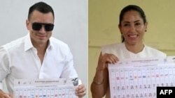 (COMBO) This combination of pictures created on February 9, 2025, shows
Ecuador's President and presidential candidate for the Accion Democratica Nacional party (National Democratic Action), Daniel Noboa (L), showing his ballot after voting at a polling s