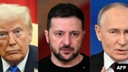 This combination of pictures created Feb. 12, 2025 shows, from left, U.S. President Donald Trump on Feb. 7, 2025; Ukraine's President Volodymyr Zelenskyy on Dec. 19, 2024; and Russian President Vladimir Putin on Dec. 19, 2024.