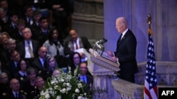 US President Joe Biden delivers the eulogy at the State Funeral Service for former US President Jimmy Carter at the Washington National Cathedral in Washington, DC, on January 9, 2025. (Photo by Mandel NGAN / AFP)