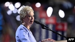 (FILES) Former administrator of the Small Business Administration Linda McMahon speaks during the last day of the 2024 Republican National Convention at the Fiserv Forum in Milwaukee, Wisconsin, on July 18, 2024.