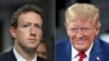 (Bilili mibale bisangami) Nark Zuckerber (G) mkolo compagnie Meta, 31 sanza ya yambo 2024, na Donald Trump oyo alongi maponami mpo na kozonga bokonzi ya ekolo Amerika, 17 sanza ya libwa 2024.